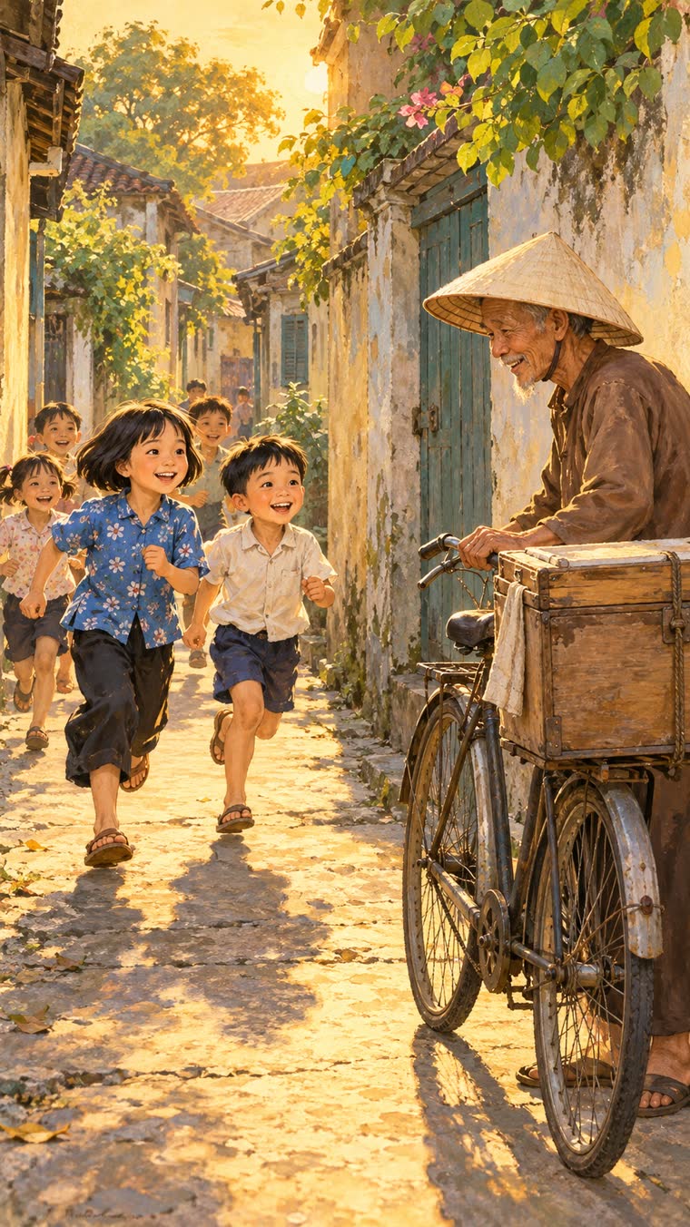 Bọn trẻ chạy về phía ông bán kem đội nón lá