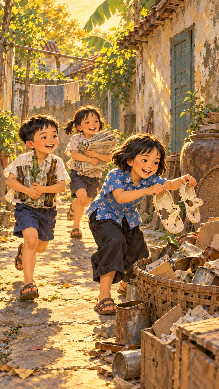 Bé gái cầm đôi dép cũ, các bạn ôm vỏ chai và giấy báo