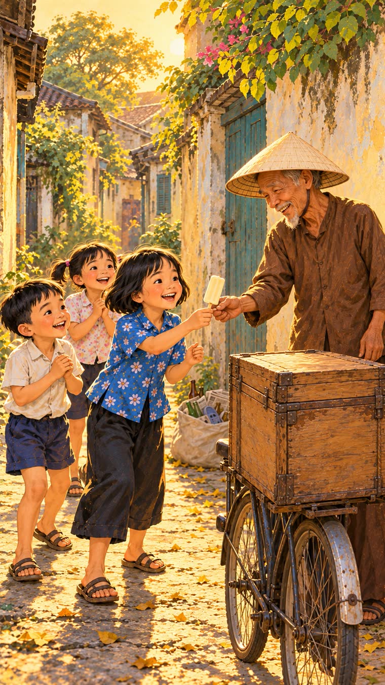 Ông bán kem cười hiền đưa que kem cho bé gái