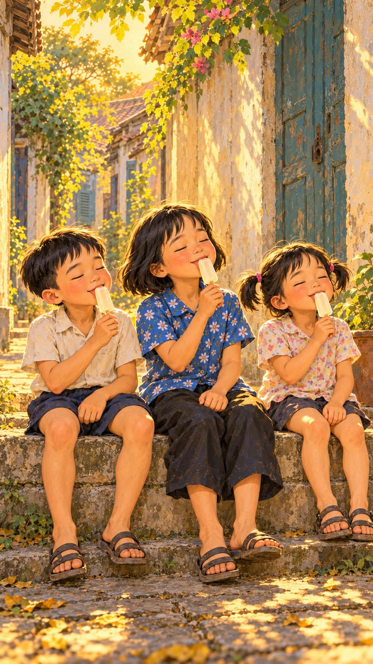 Ba đứa trẻ ngồi trên bậc thềm mút kem