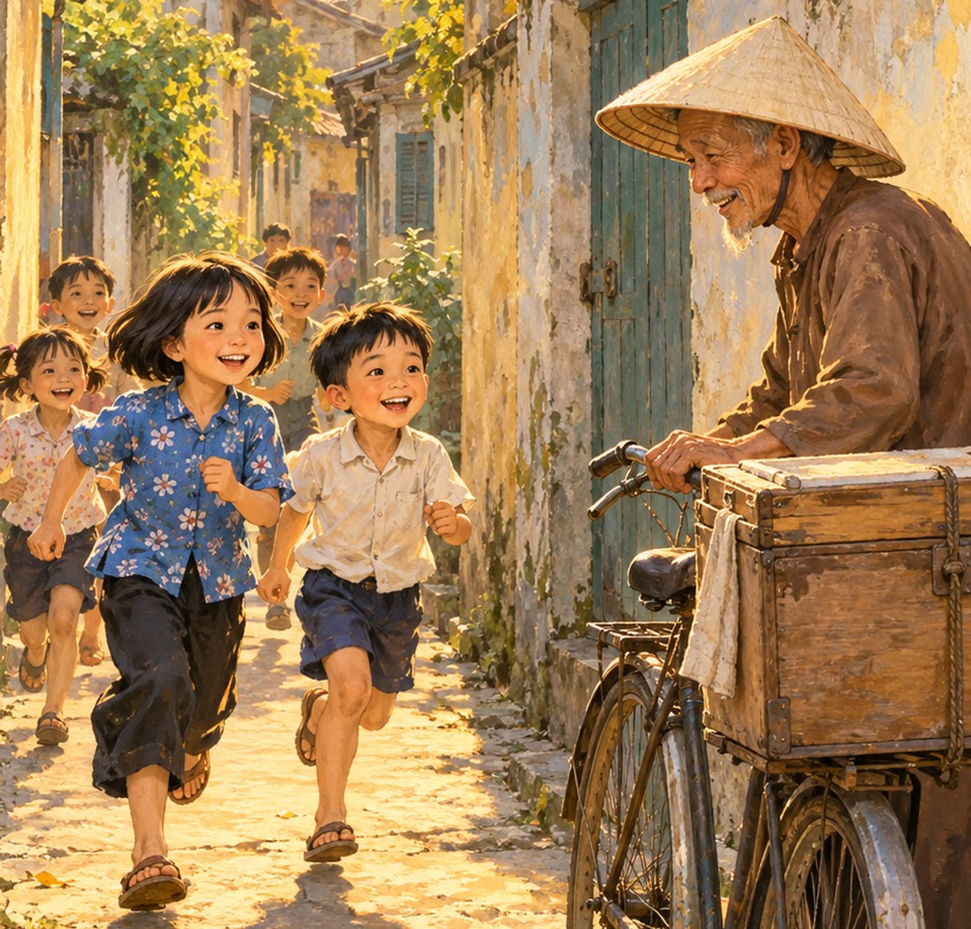 Tranh vẽ bọn trẻ chạy ùa trong con hẻm nắng chiều về phía ông bán kem